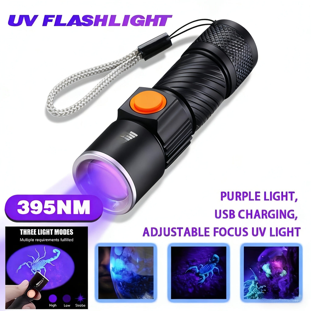 UV Flashlight Black Light 395nm USB Rechargeable - Ultraviolet Torch with 3 Modes for Pet Stain Detection