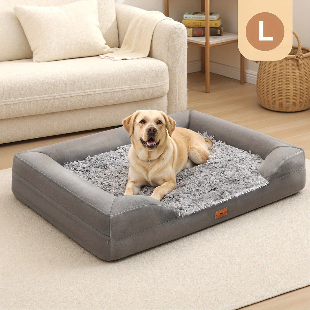 Egg-Crate Foam Dog Bed with Plush Bolsters and Rectangle or Semicircle Large-Size Shape Options