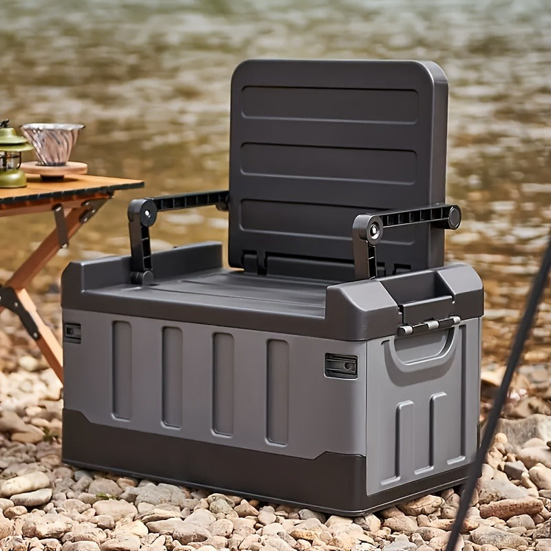 Folding Storage Box & Fishing Stool 2-in-1, Large Portable Organizer with Backrest for Car Trunk