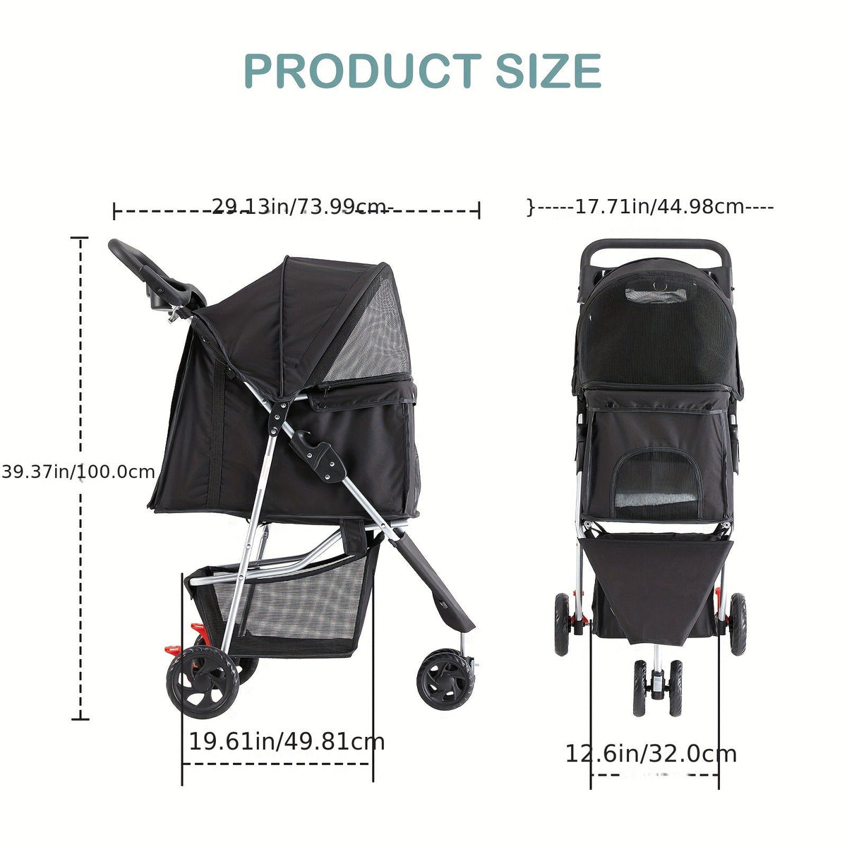 Black Three-Wheel Pet Stroller with Mesh Cabin, Front Cover, Cup Tray and Lower Storage Basket