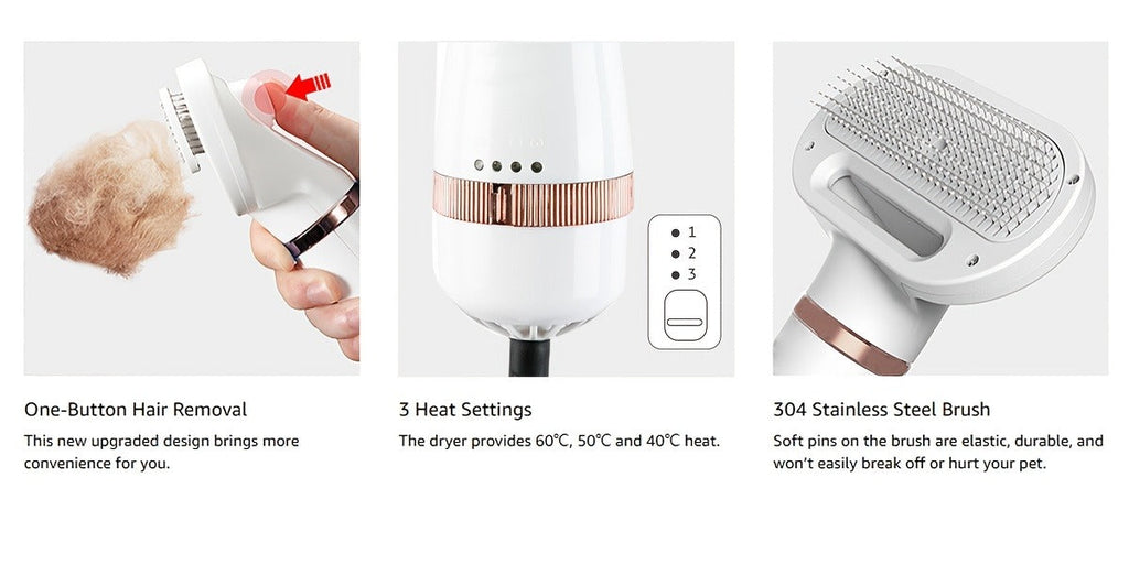 Pet Hair Dryer Brush, Two-in-One Blow Dryer and Self-Cleaning Slicker with Three Temperature Settings