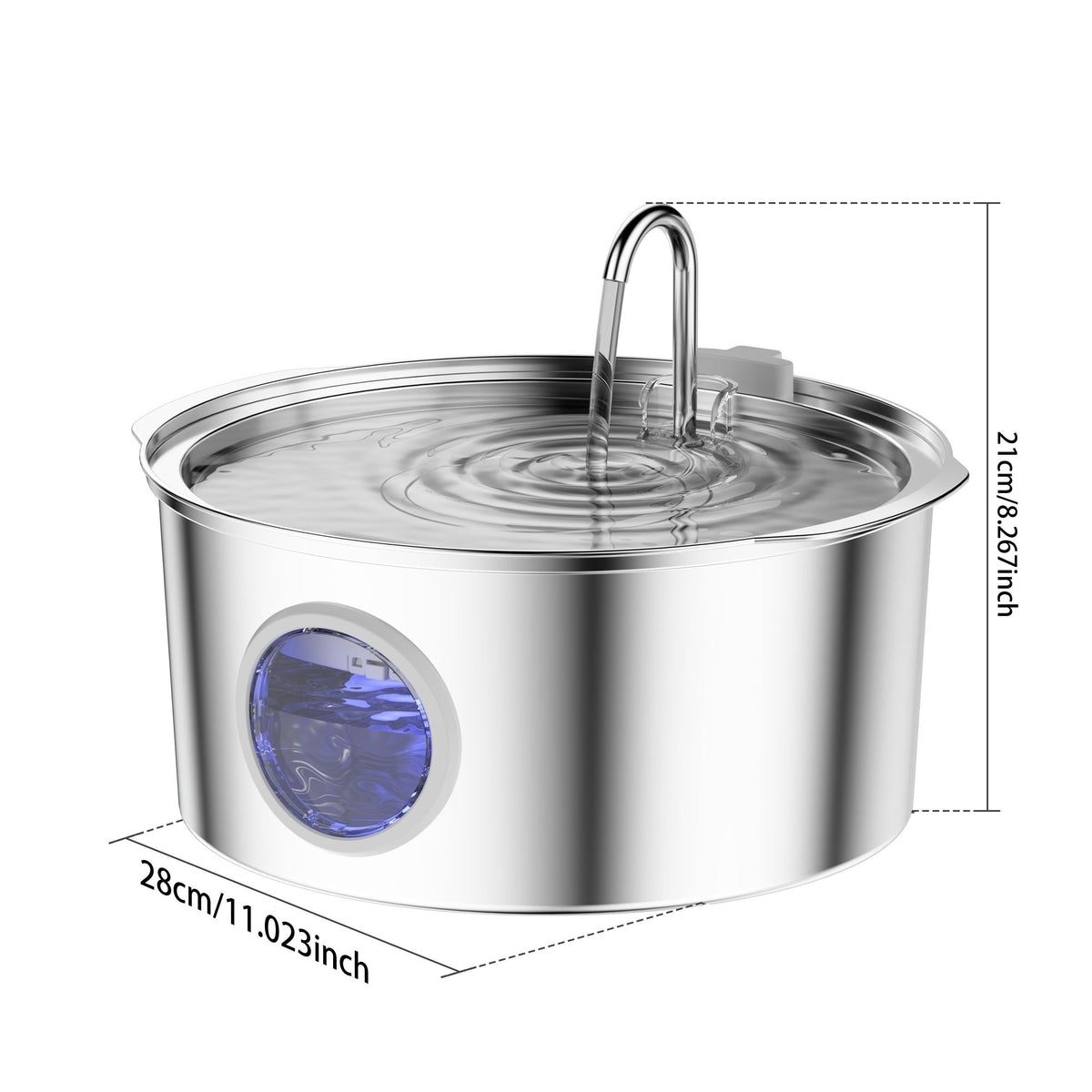 7L Pet Water Fountain with Stainless-Steel-Marked Basin, Water-Level Window and Dual Arched Outlets