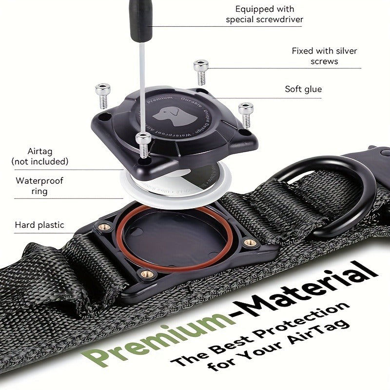 Tactical Dog Collar with Handle and Round Tracker Holder Case in Nine Colors and Sizes M to XL