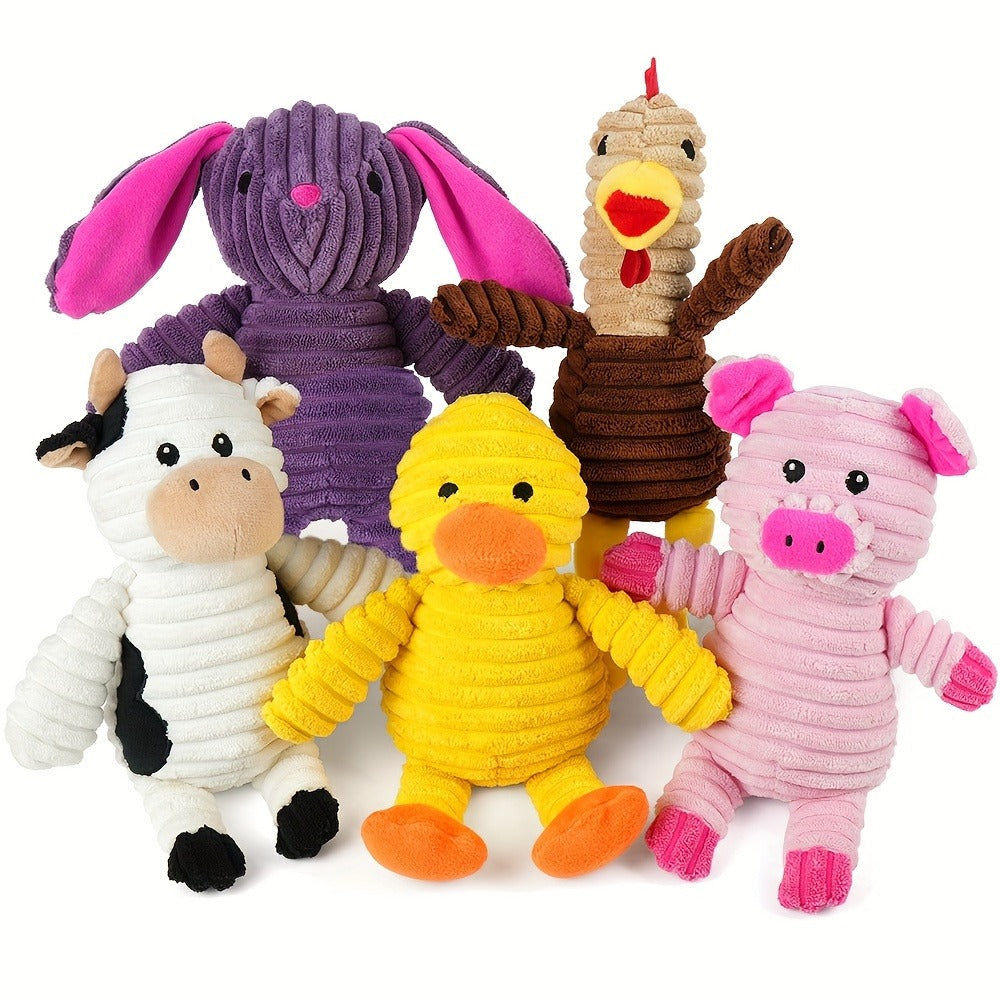 Dog Toys Five-Piece Squeaky Plush Animal Set with Pig, Frog, Elephant, Chicken and Fox Designs