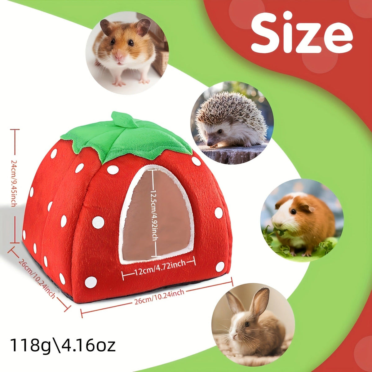 Small Animal Hideaway Bed 2pcs – Strawberry Plush Hideout for Guinea Pigs, Hamsters & Rabbits, Semi-Enclosed Warm Nest with Leaf Design
