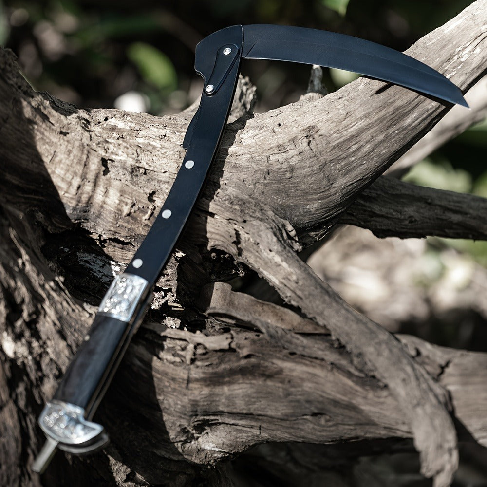 Folding Sickle Stainless Steel Flat Edge Blade with Black Wood Handle & Double Bolsters for Garden, Patio and Yard Use
