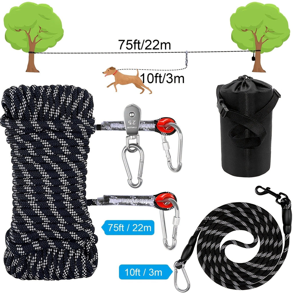 Overhead Dog Trolley System 75ft – Heavy Duty Reflective Cable Runner, Supports Up to 200lbs, Portable Easy Setup for Yard, Park