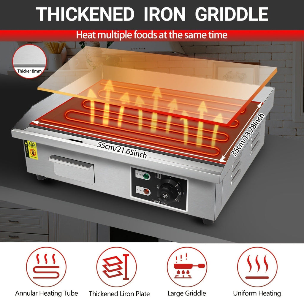 Flat Top Griddle 22 Inch 1600W Electric Countertop Teppanyaki Grill Non-Stick Stainless Steel Commercial for Garden, Patio and Yard Use