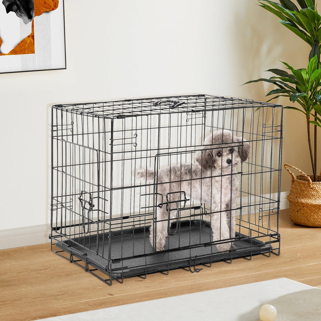 Folding Wire Dog Crate with Divider – Single & Double Door Options, Leak-Proof Plastic Tray, Indoor Outdoor Travel Kennel