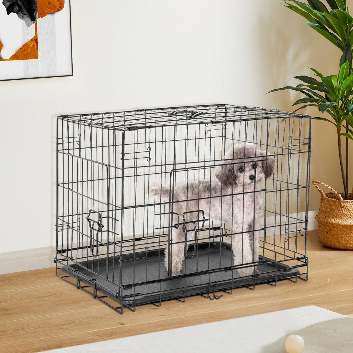 Folding Wire Dog Crate with Divider – Single & Double Door Options, Leak-Proof Plastic Tray, Indoor Outdoor Travel Kennel