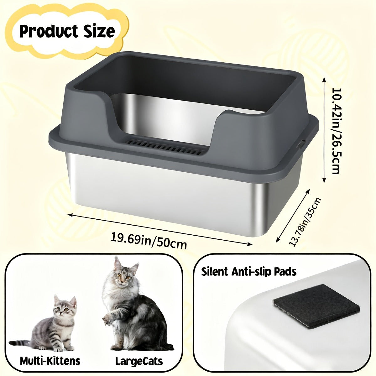 Stainless Steel Cat Litter Box with High-Wall Surround, Front Step, Scoop and 8.46- or 10.43-Inch Wall Options