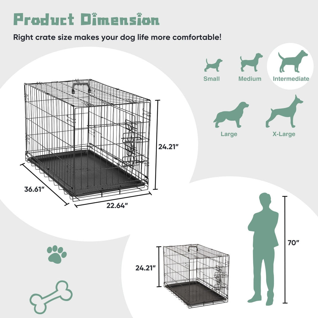 Folding Wire Dog Crate with Divider – Single & Double Door Options, Leak-Proof Plastic Tray, Indoor Outdoor Travel Kennel