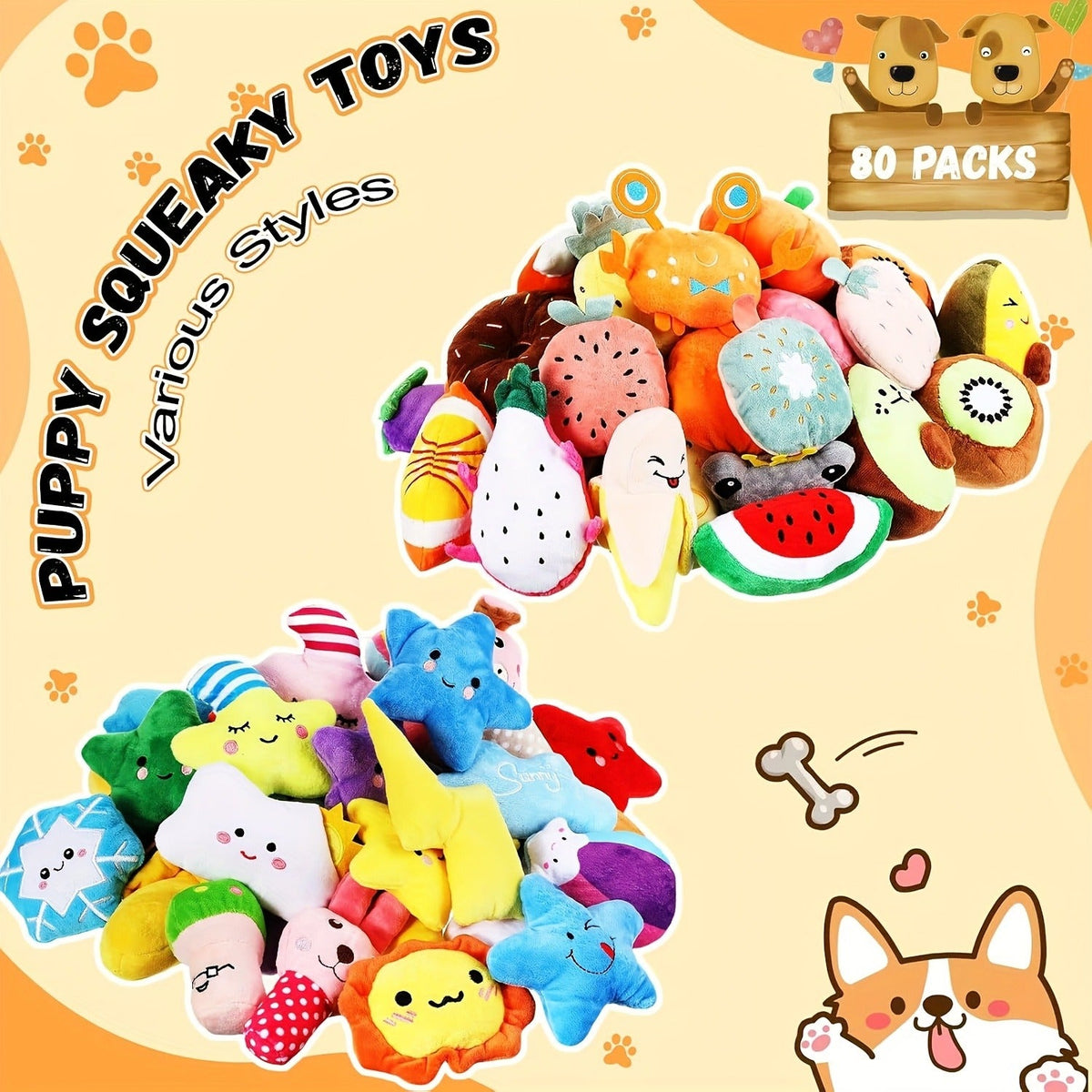 Puppy Chew Toys, Squeaky Plush Dog Toys 80pcs Bulk Set – Colorful Fruit & Animal Shaped Stuffed Toys for Small Medium Dogs