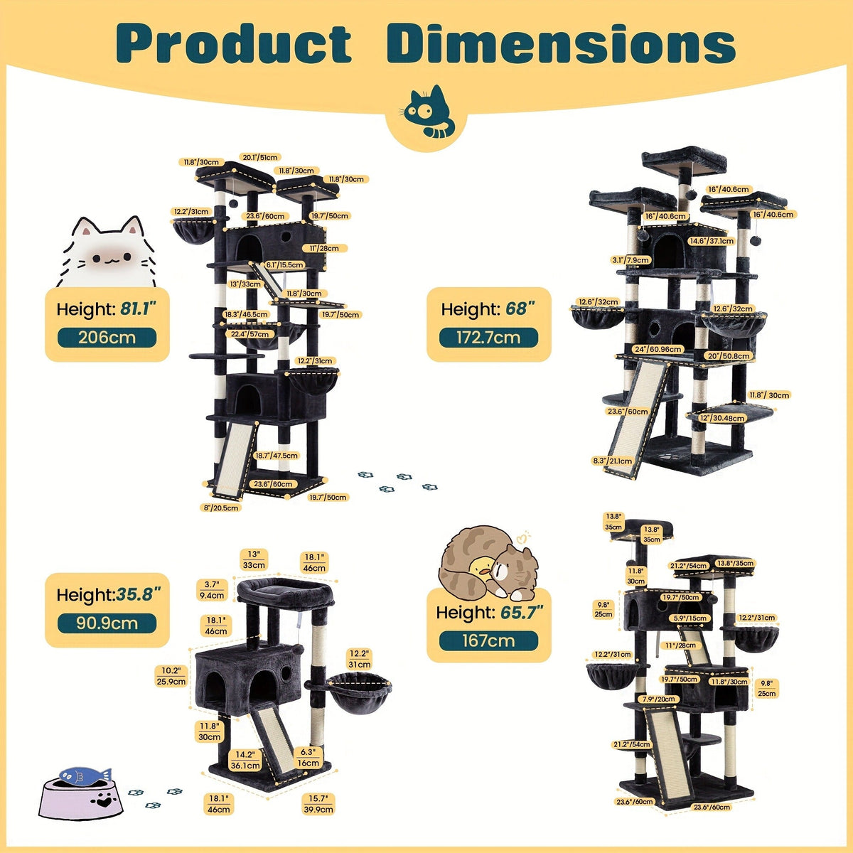 Multi-Level Cat Tree in 36-, 65-, 68- or 81-Inch Heights with Perches, Condo, Hammock and 30 Color, Pattern or Layout Options