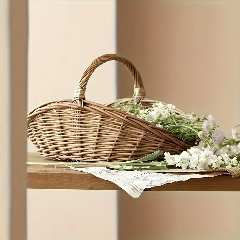 Natural Wicker Storage Basket with Thick-Wall Oval Design for Flowers, Produce and Farmhouse Display