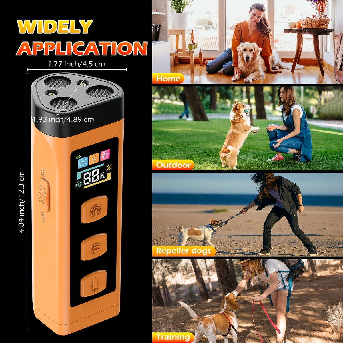 65ft Long-Range Dog Repeller – Triple-Head Ultrasonic Bark Deterrent, Powerful Soundwave Technology, USB Rechargeable Portable Handheld