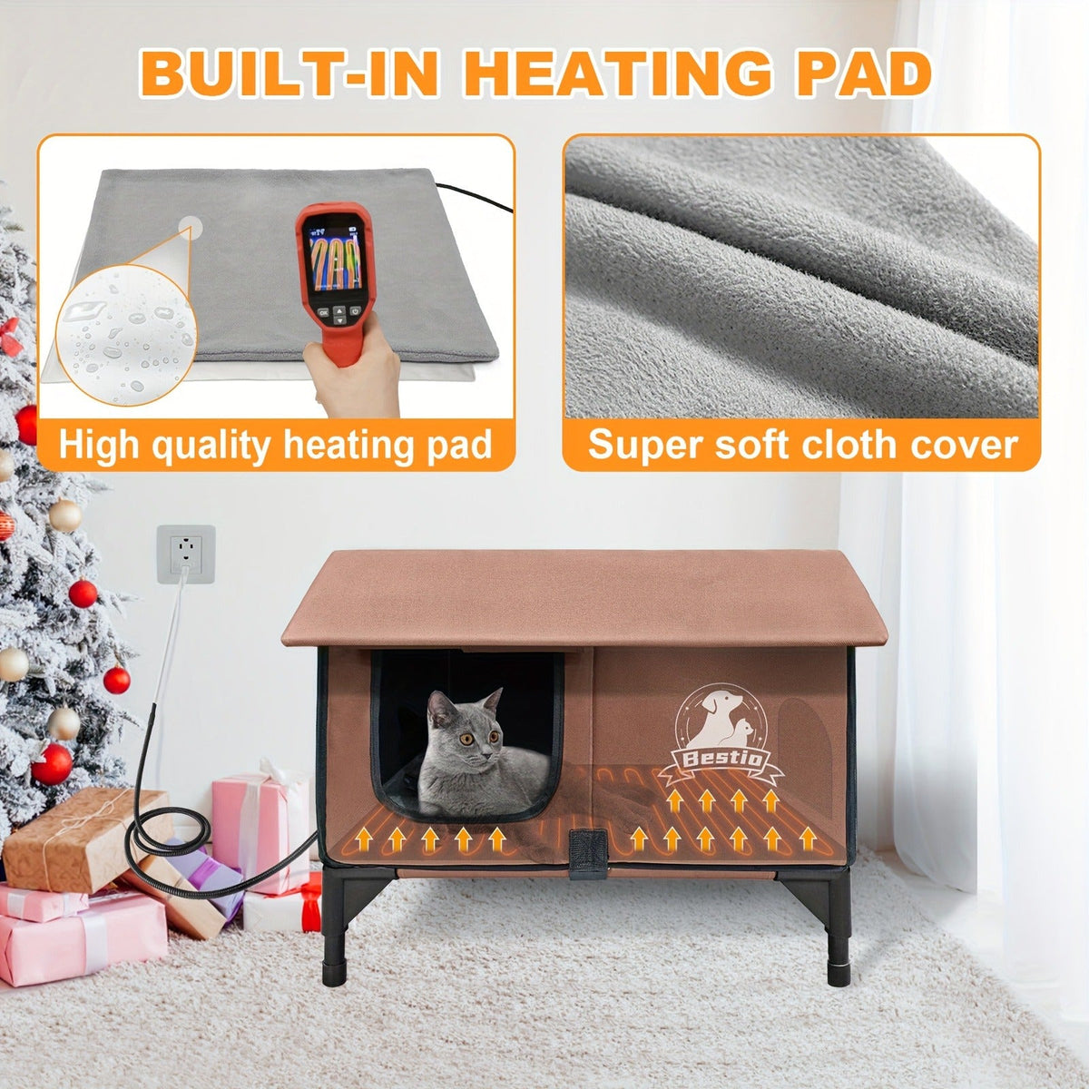 Heated Cat House 3-in-1 with Removable Warming Pad, Elevated Cat Bed for Indoor & Outdoor Cats, Chew-Resistant Cord, Double Door Cat Cave