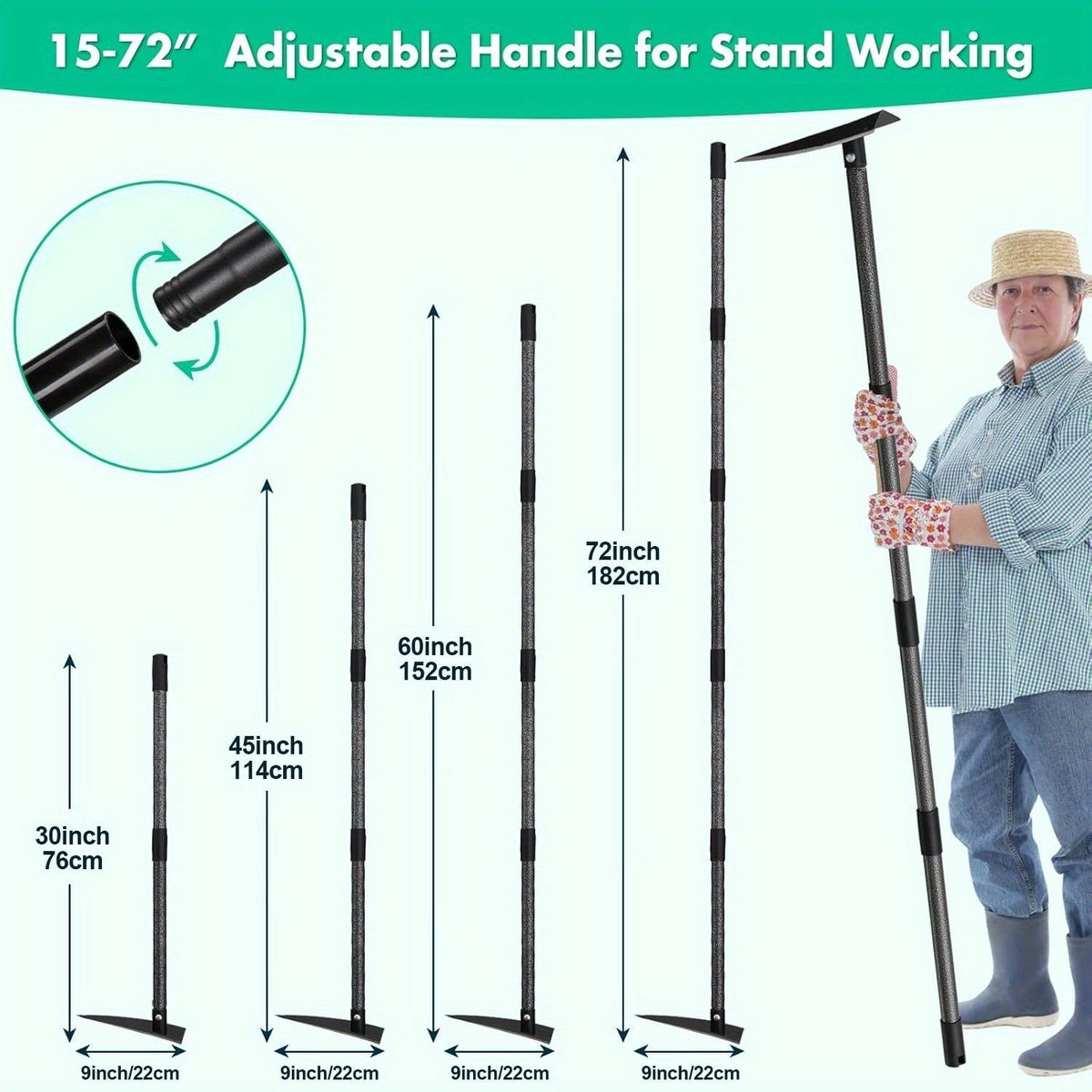 Garden Hoe Triangle Carbon Steel with Adjustable 15-72 Inch Long Handle, Sharp Triangular Blade for Weeding