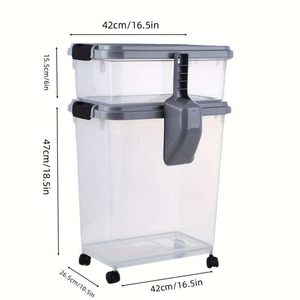30QT and 10QT Stacking Pet Food Bin Set with Long Scoop, Front Latch and Removable Caster Wheels