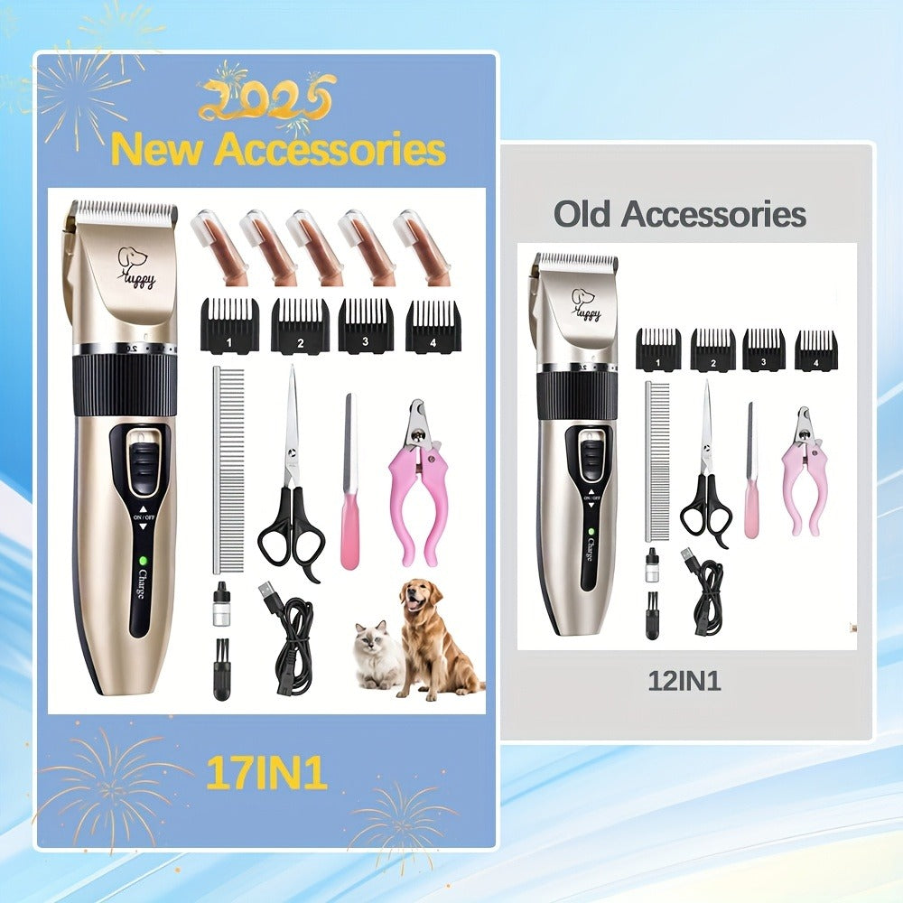 Pet Hair Clipper Kit, Furry 12-in-1 USB-Rechargeable Trimmer with Adjustable Blade and Five Guide Combs
