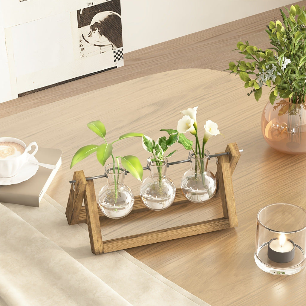 Glass Terrarium Heart Shaped Hydroponic Vase with Wooden Stand – Elegant Plant Propagation Station for Home Decor