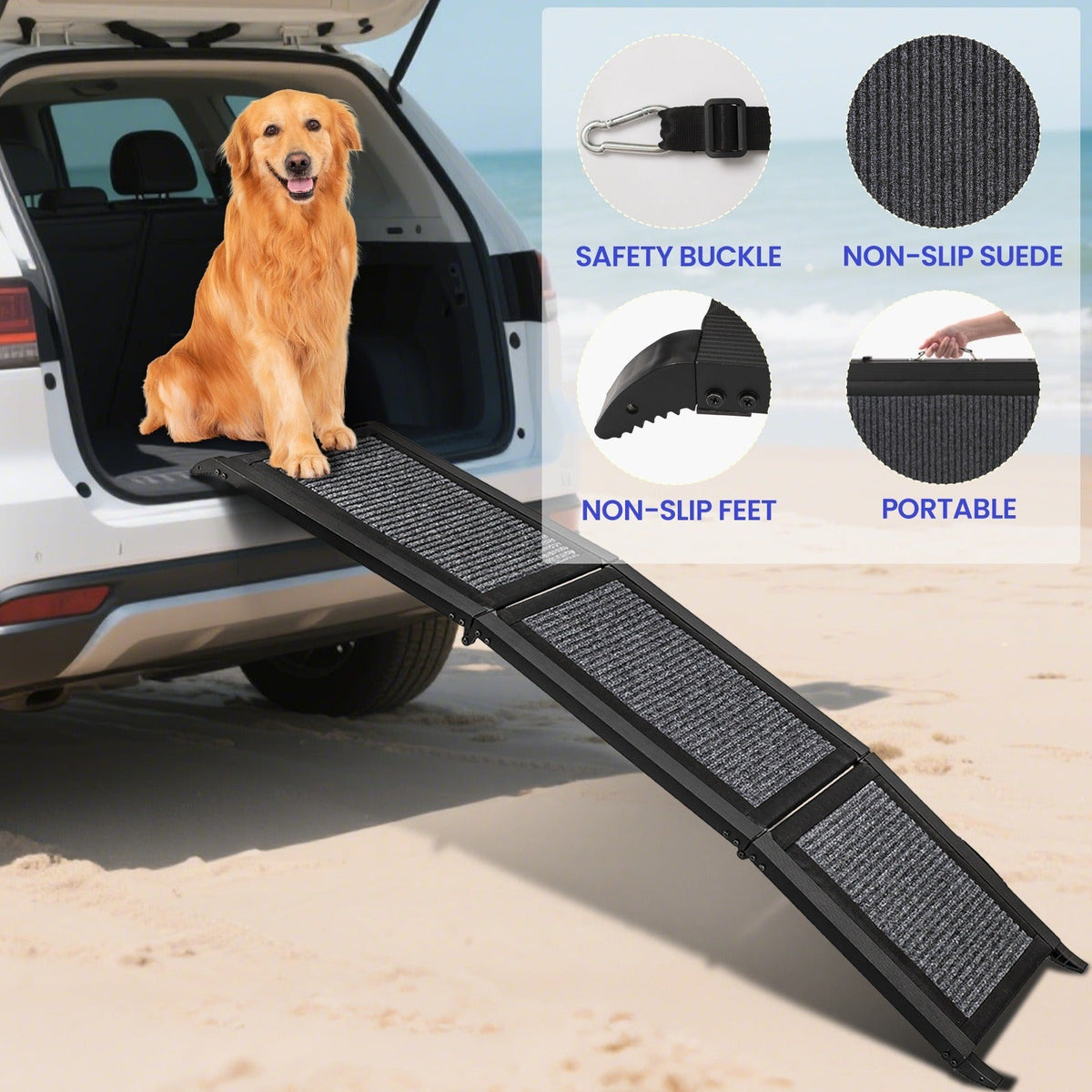 Folding Pet Ramp for Dogs & Cats – Adjustable Portable Non-Slip Fabric Ramp with Ergonomic Handle for Car