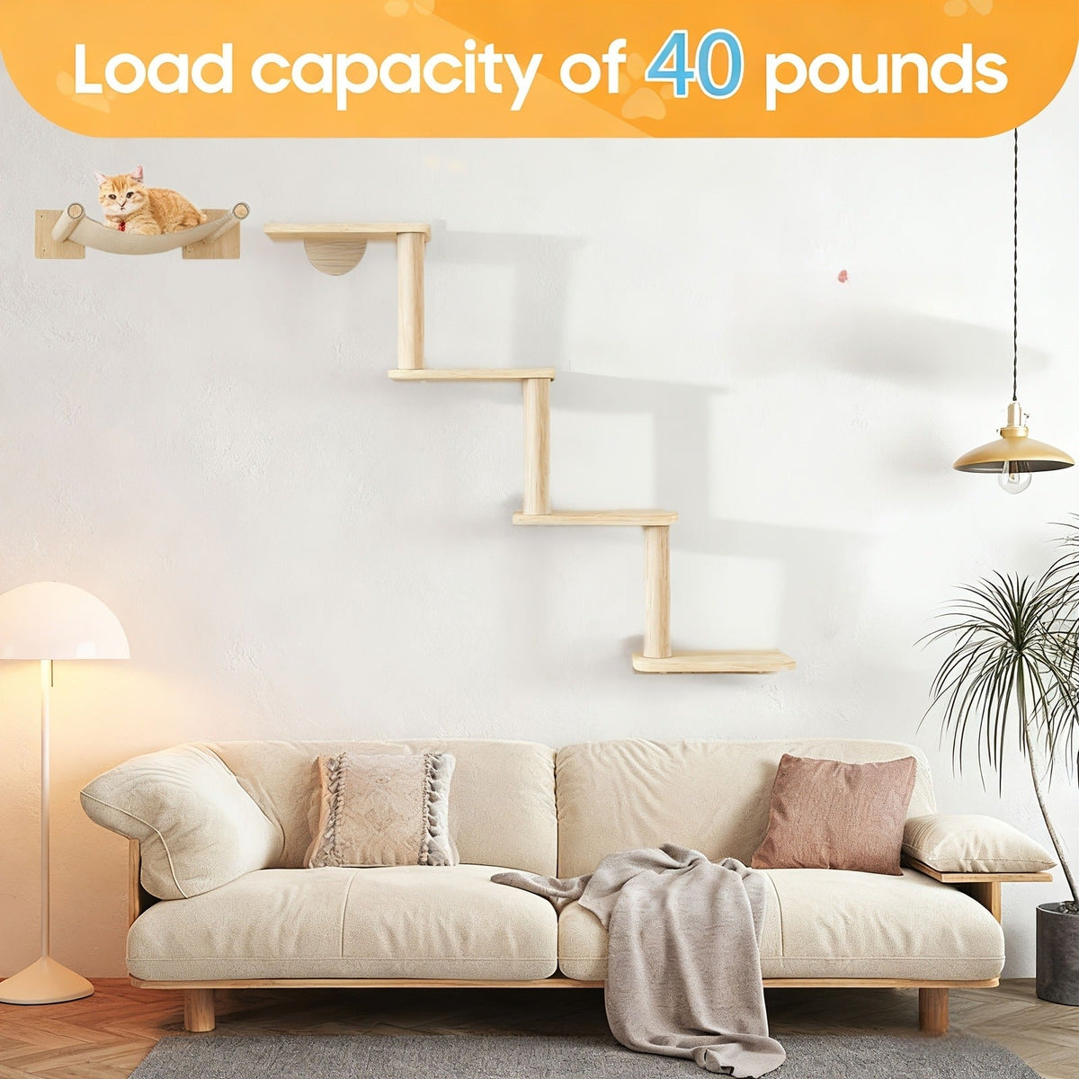 Five-Step Wall-Mounted Cat Tree with 85cm Vertical Wood Frame and Staggered Rectangular Platforms