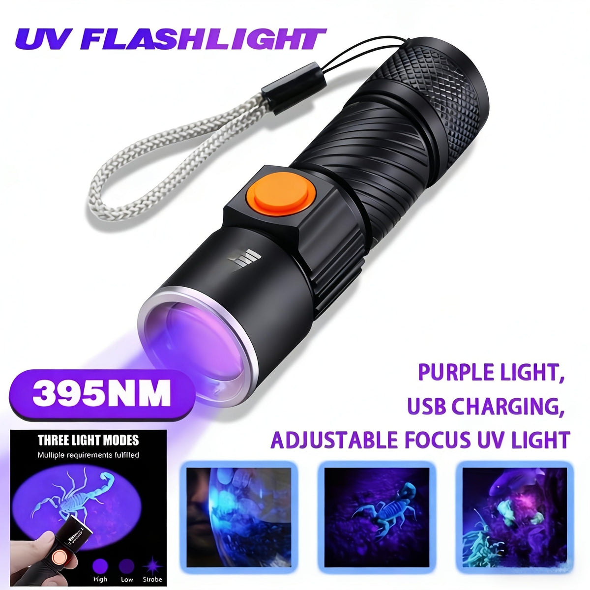 UV Flashlight Black Light 395nm USB Rechargeable - Ultraviolet Torch with 3 Modes for Pet Stain Detection