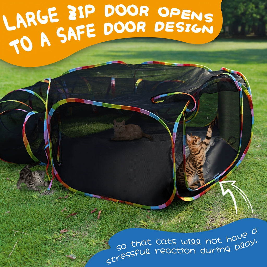 Outdoor Cat Enclosure with Play Tunnel – Portable Catio Tent & Cat Playpen for Indoor Cats, Cage-Free Outside Cat Run with Enclosed Tunnel
