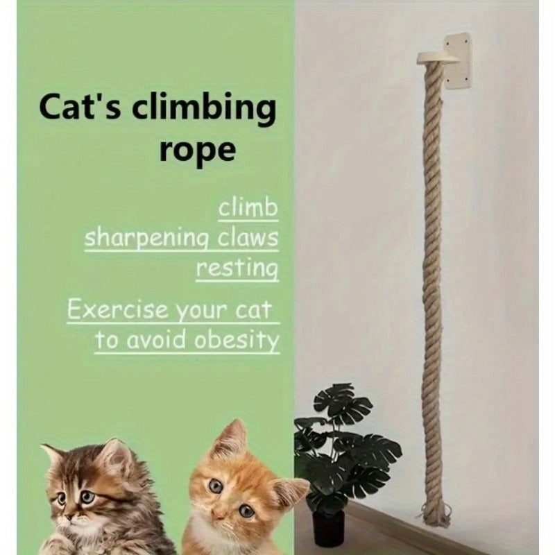Wall-Mounted 60in Cat Climbing Rope Set with Upper Bracket, Lower Anchor and Small Wood Perch