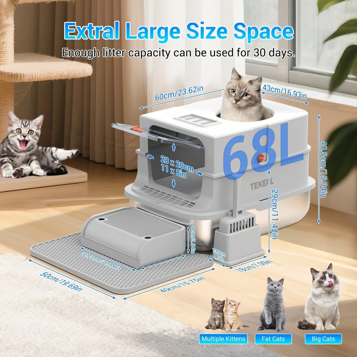 TEKEPL 68L Cat Litter Box with Stainless Steel Basin and Modular Enclosed, Semi-Open or Open Configuration