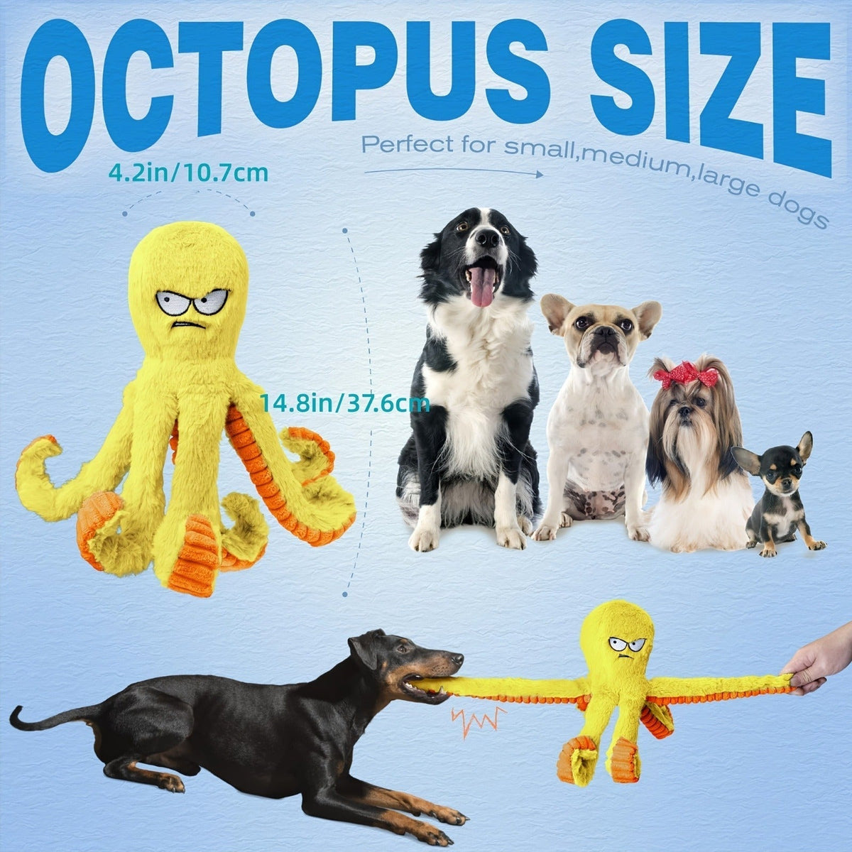 Dog Toy Octopus Plush with Built-In Squeaker and Crinkle Texture in Blue or Yellow with 1, 2 or 4-Pack Options