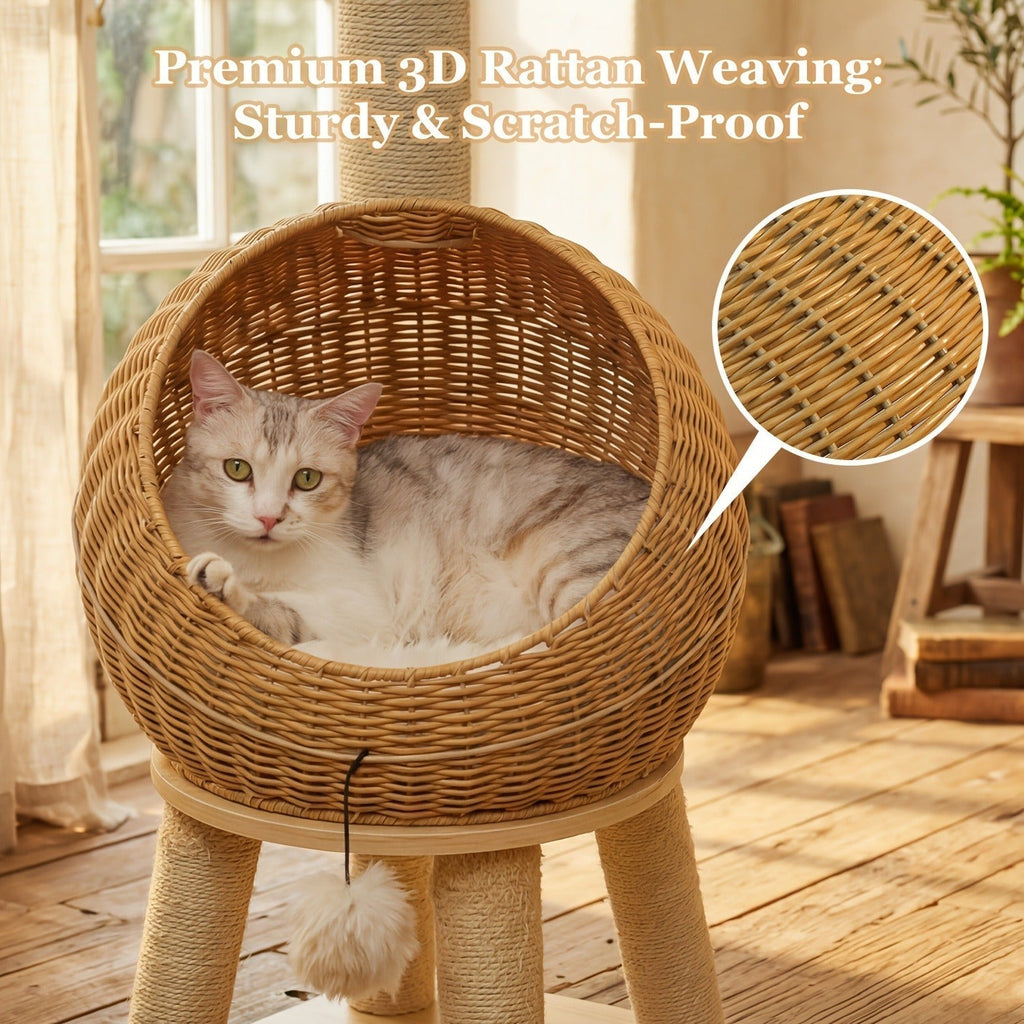 Brown 46-Inch Dinosaur Cat Tree with Woven Pod Bed, Four Sisal-Wrapped Posts and Removable Cushion