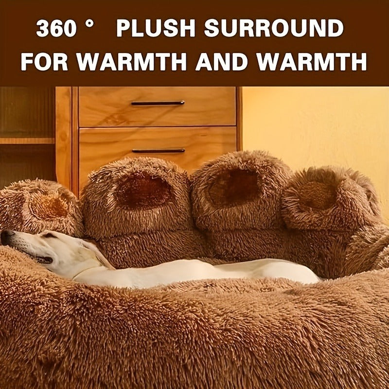 Bear-Paw Round Plush Pet Bed in Coffee, Pink or Gray with Four Weight-Labeled Size Options