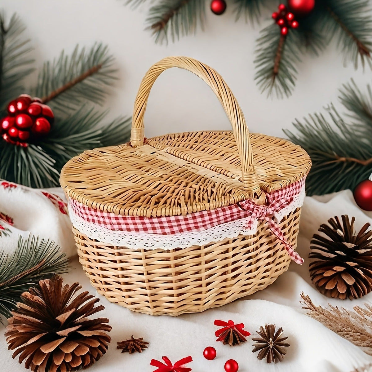 Willow Picnic Hamper Basket with Hinged Lid, Carry Handle and Red Checkered Textile Lining