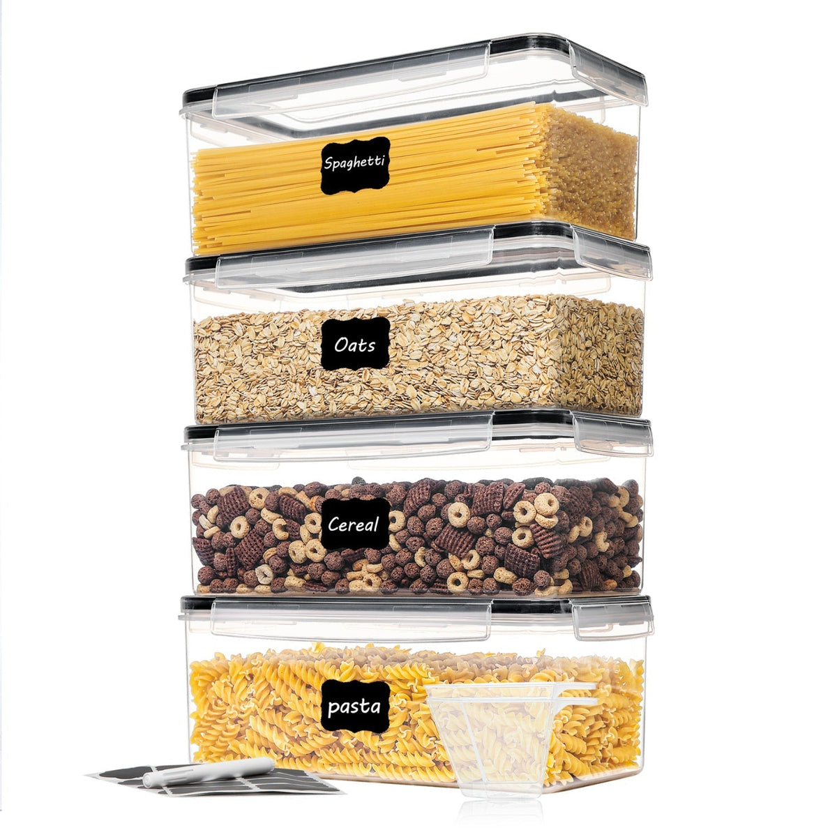 Food Storage Containers Four-Pack 108 oz PP Pantry Set with Gull-Wing Locks and Black Lids