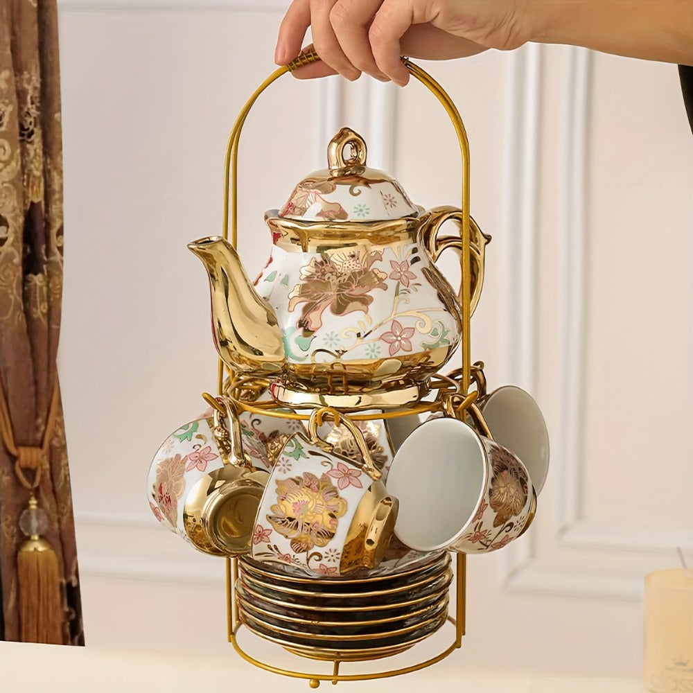 20-Piece Floral Ceramic Tea Set with Saucers & Metal Stand, European Afternoon Tea Service, Blooming Design
