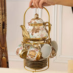 20-Piece Floral Ceramic Tea Set with Saucers & Metal Stand, European Afternoon Tea Service, Blooming Design