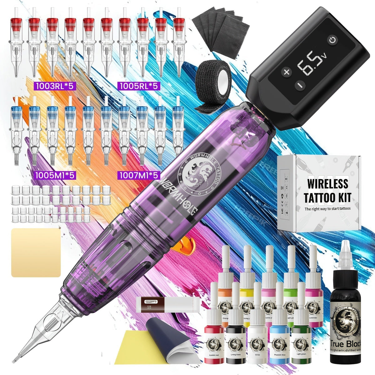 Tattoo Machine Kit WORMHOLE WTK0245 or WTK0246 Wireless Pen with 1200mAh Battery, Digital Display and 8000RPM Motor