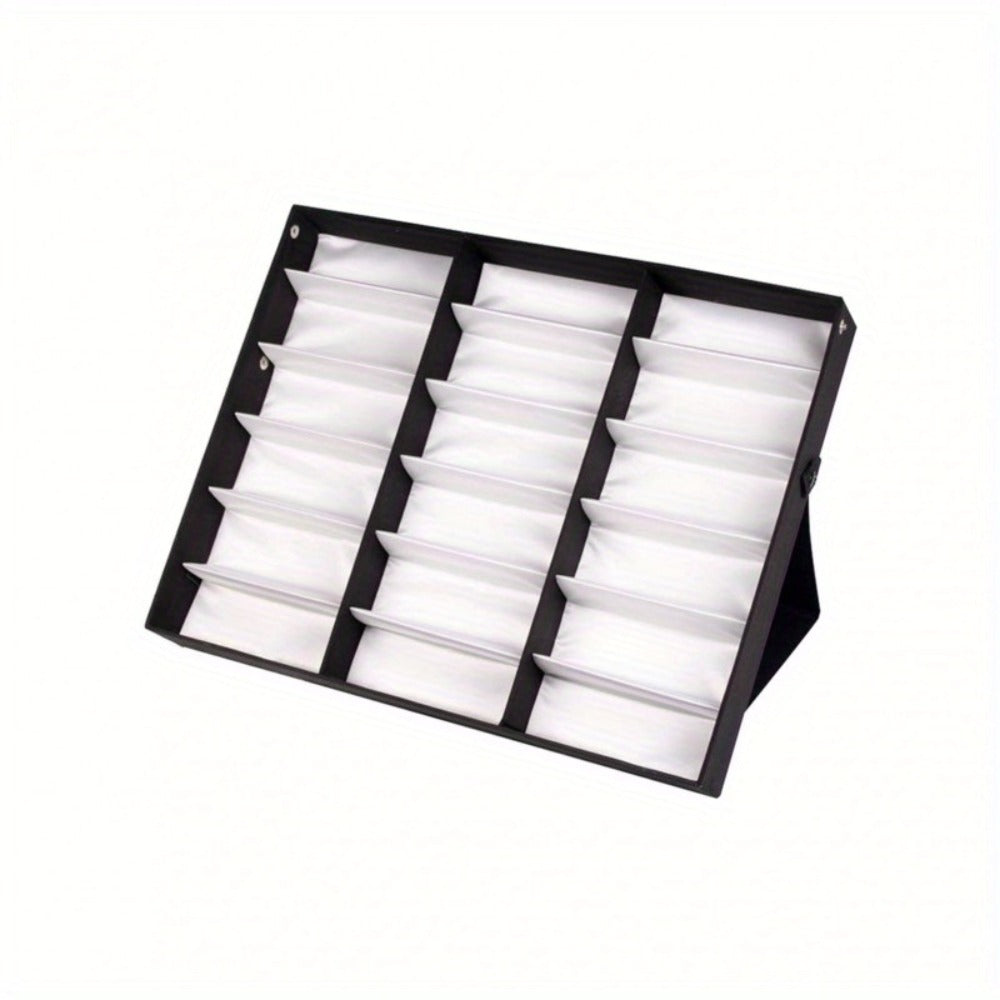Eyeglass Organizer Box 18 Grid – Velvet Sunglasses Display Case with Foldable Cover, Scratch-Proof Storage for Glasses & Jewelry
