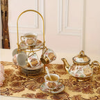 20-Piece Floral Ceramic Tea Set with Saucers & Metal Stand, European Afternoon Tea Service, Blooming Design