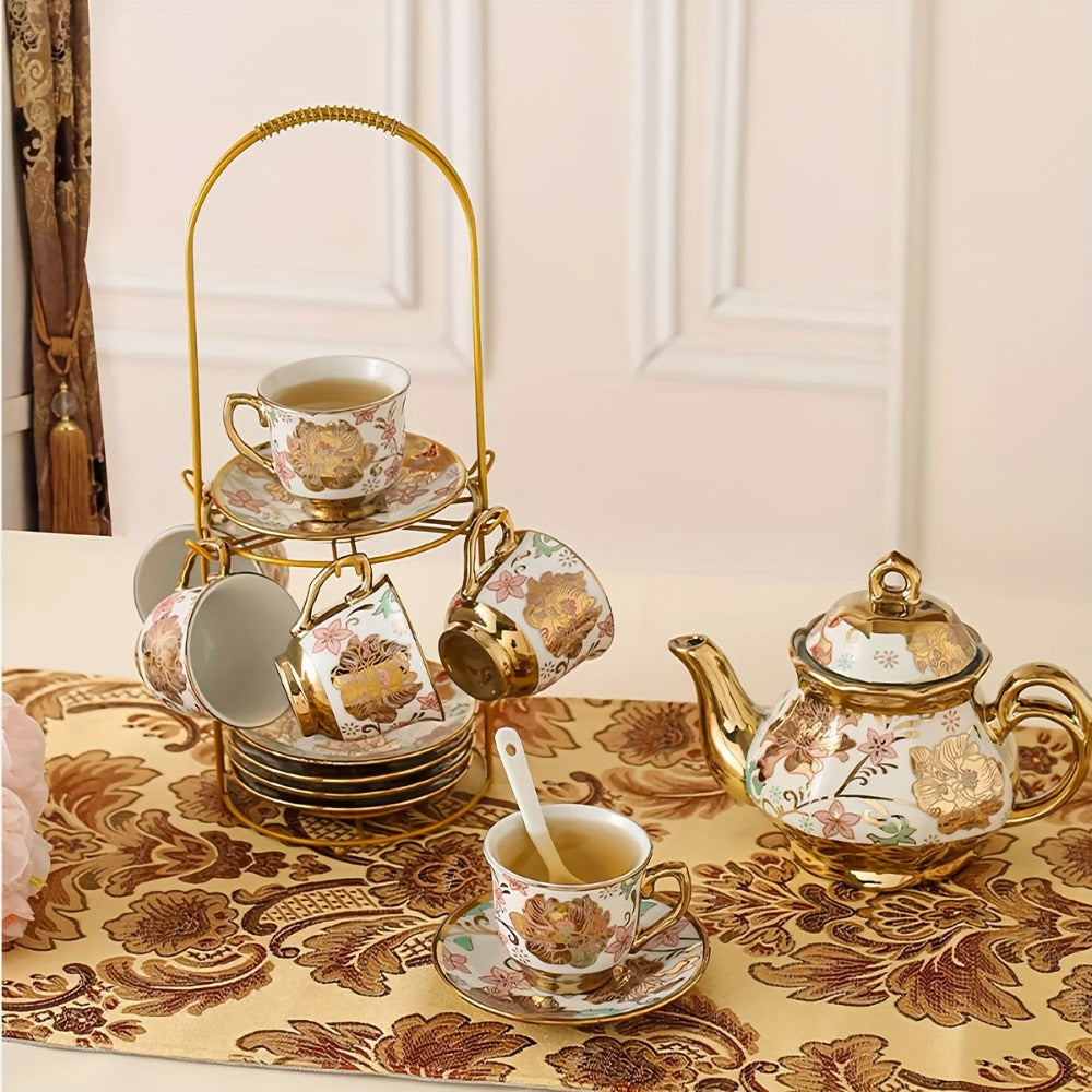 20-Piece Floral Ceramic Tea Set with Saucers & Metal Stand, European Afternoon Tea Service, Blooming Design