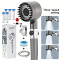 Handheld Shower Head with Rotating Spray Selector, On-Off Button, Hose, Five Cartridges and Two Bracket Options