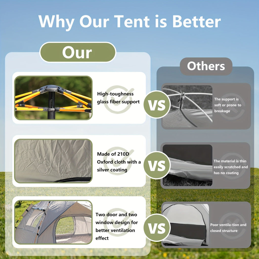 Camping Tent Pop-Up with Dual Doors, Optional Mesh Windows and 1-3 or 3-4 Person Source Options