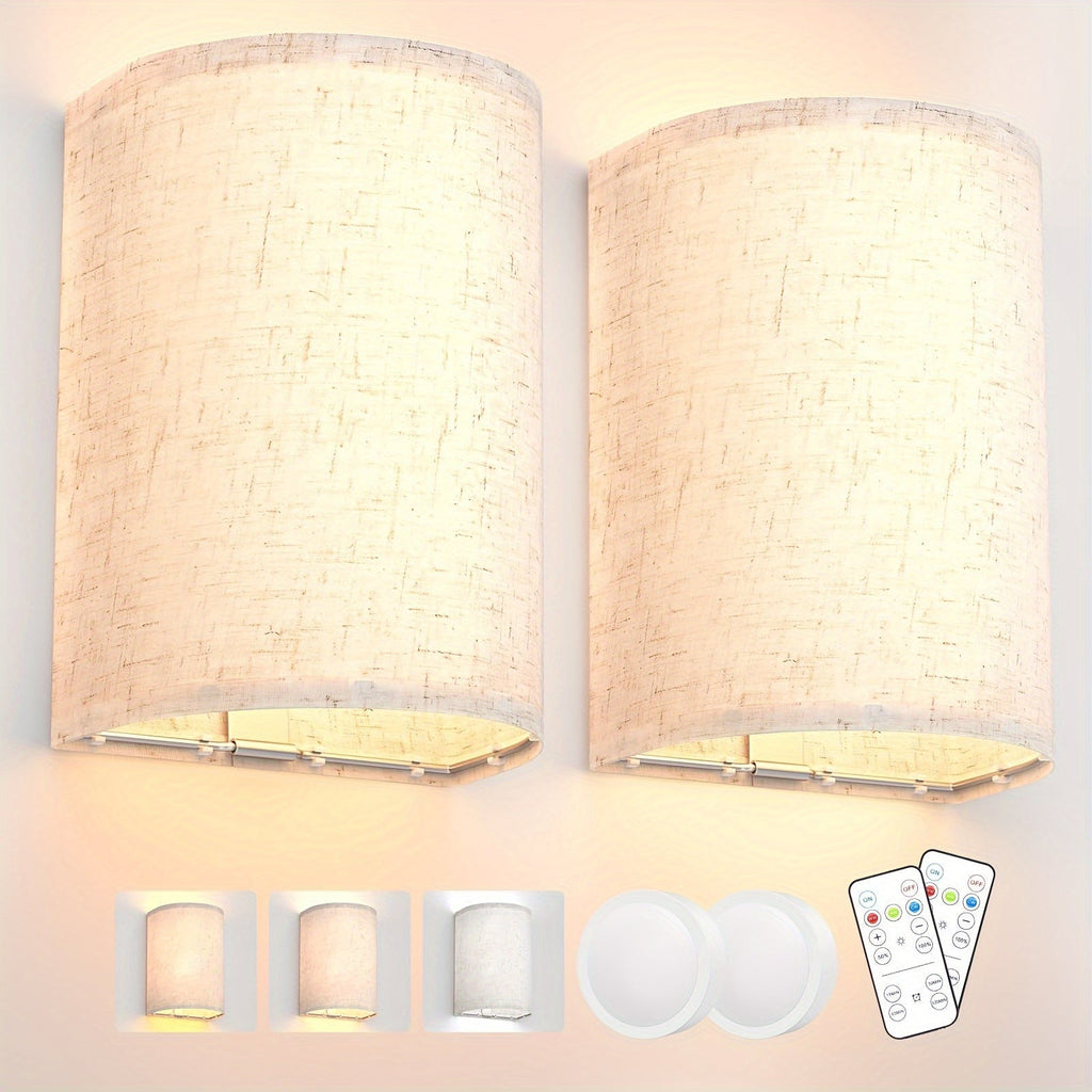Rechargeable Two-Light Fabric Shade Wall Sconce Set with Magnetic Puck Lights and CCT or RGB Option