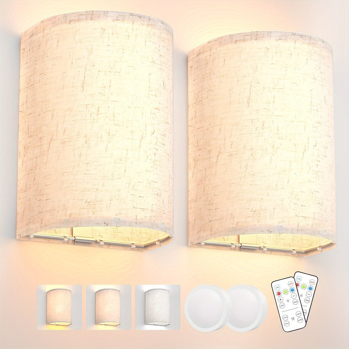 Rechargeable Two-Light Fabric Shade Wall Sconce Set with Magnetic Puck Lights and CCT or RGB Option