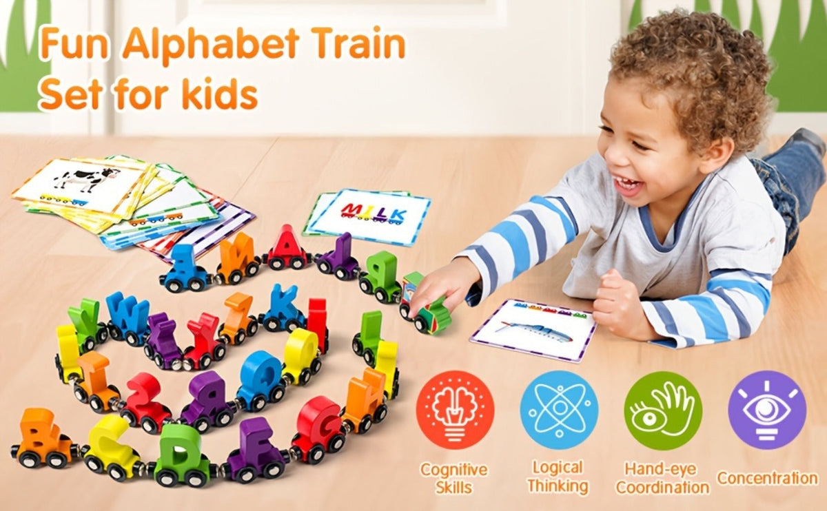 Magnetic Wooden Alphabet Train Set 27PCS ABC Letter Learning Toy with 42 Double-Sided Flash Cards
