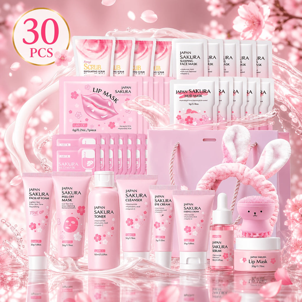 30-Piece Sakura Skincare Gift Set with Pink Face-Care Assortment, Mask Packets, Pouch and Routine Accessories