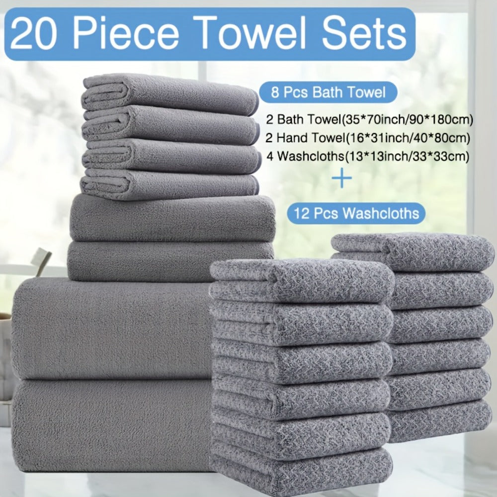 Bath Towel Set 20 Piece 100% Microfiber Absorbent Quick Dry Soft Extra Large Bath Sheets 8 Bath Towels 12 Washcloths Home Bathroom Spa Gift