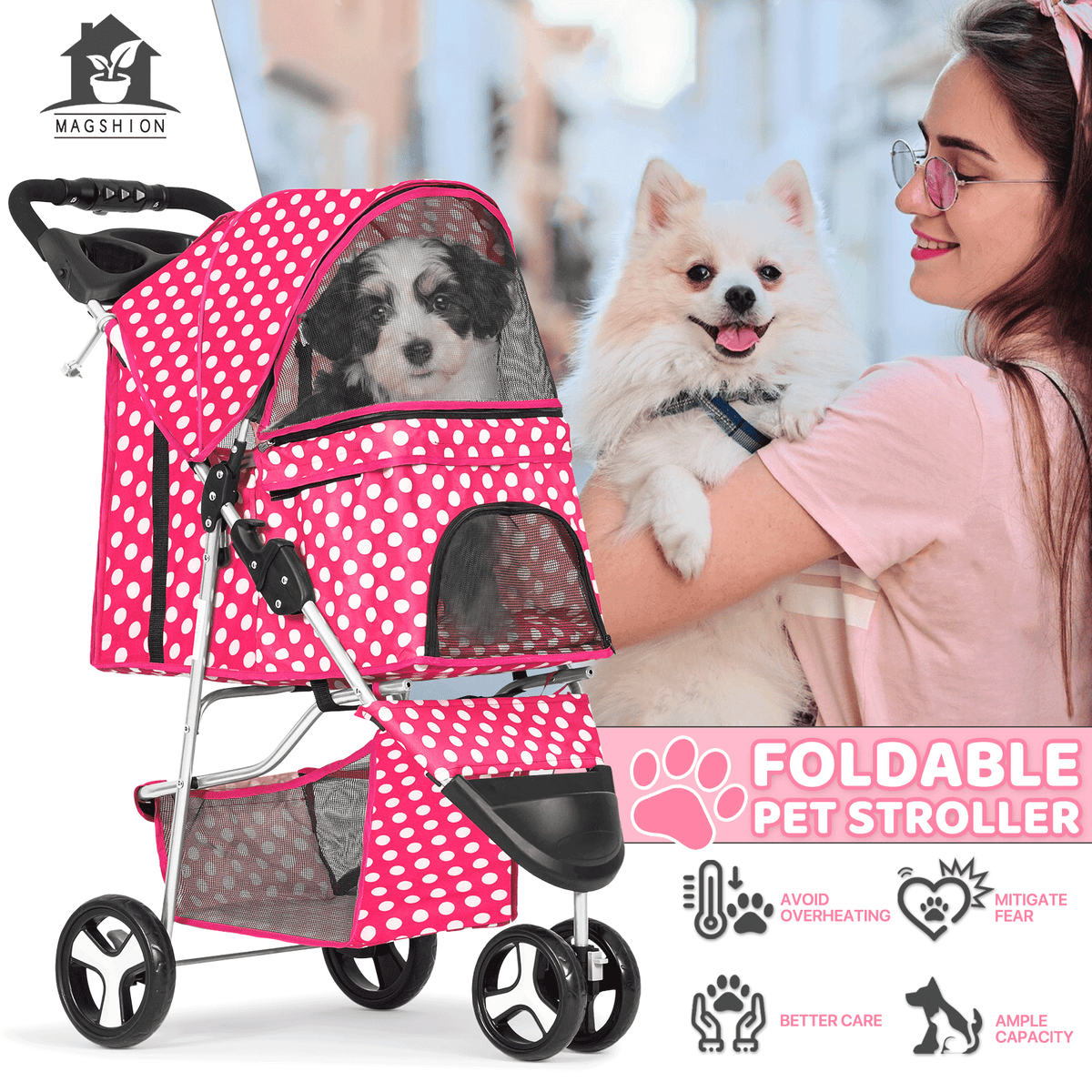 Three-Wheel Pet Stroller with Folding Mesh Cabin, Cup Tray, Lower Basket and Eleven Color or Print Options